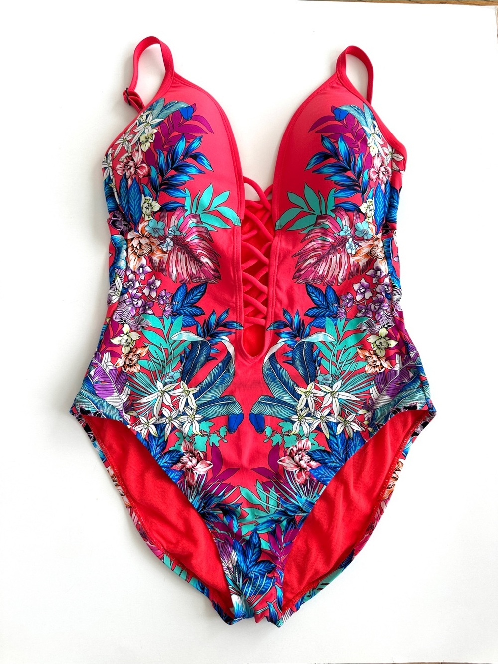 Kenneth Cole Pink & Blue Floral One-Piece Swimsuit with Lattice Front - Picture 7 of 12